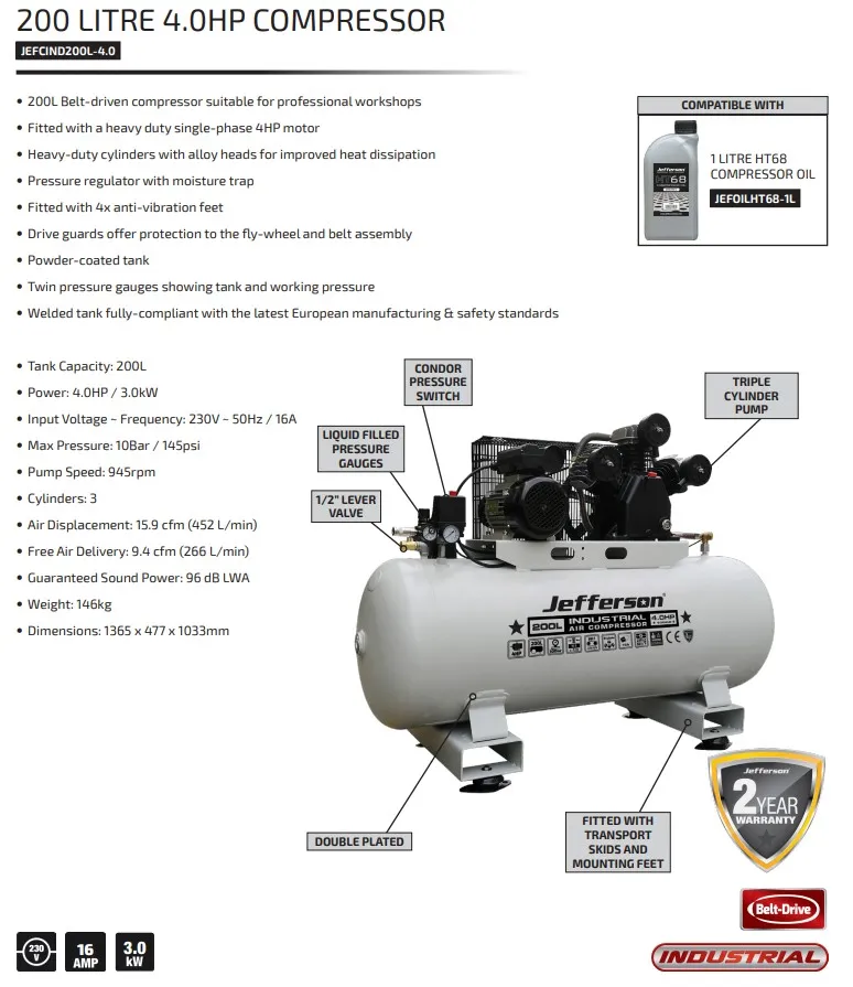 Jefferson - 200 Litre 4HP Compressor (JEFCIND200L-4.0)