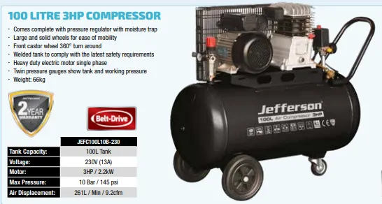 Jefferson 100 Litre 3HP Compressor (JEFC100L10B-230) 
